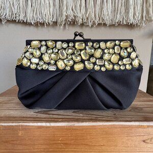 Boston Proper Black Satin Yellow Jeweled Evening Kiss Lock Clutch w/ Chain Strap